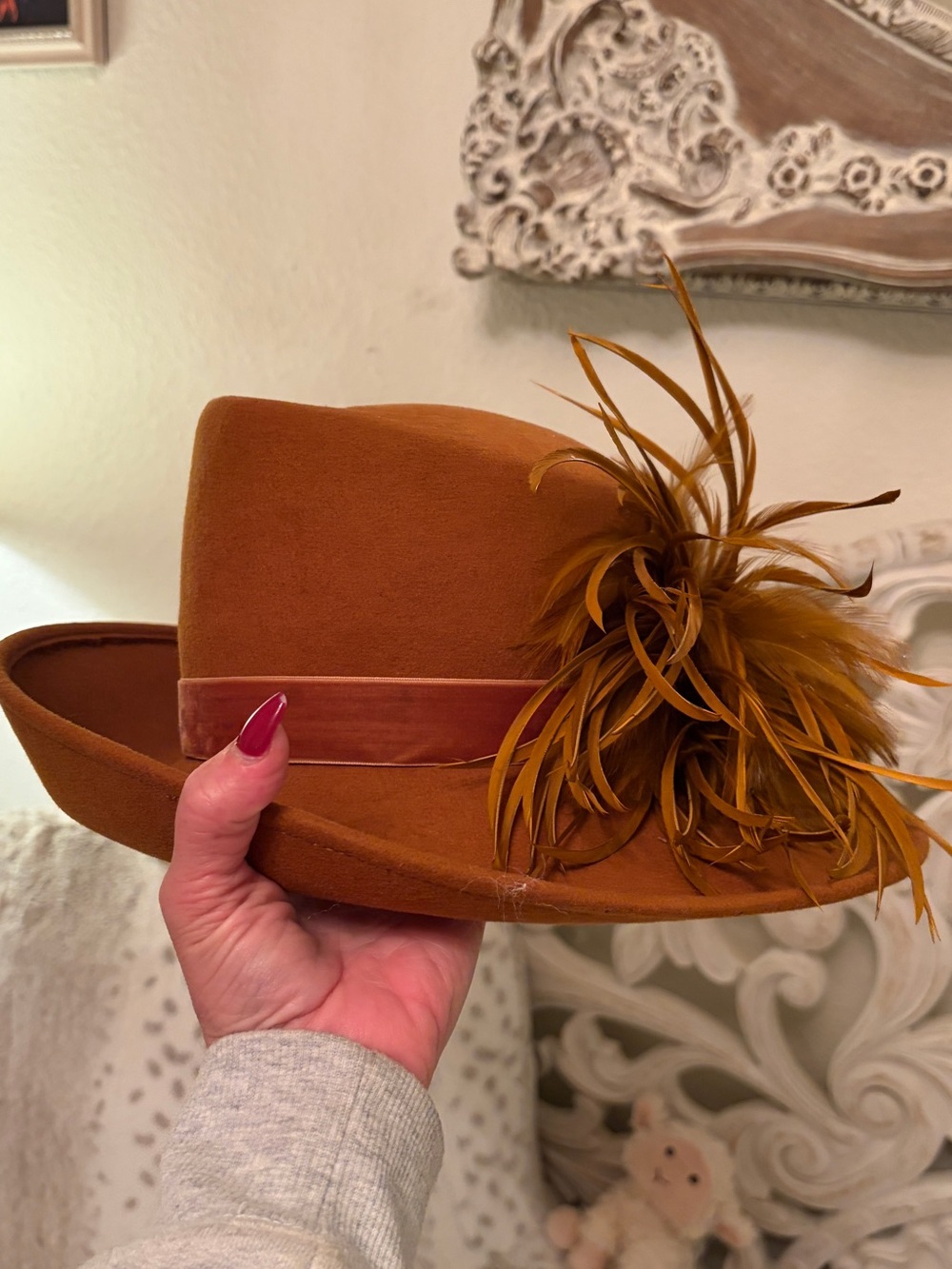 Women’s Rust Fedora Hat with Feather Accent